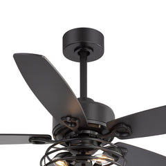 52-inch Industrial 5-Blade Black Ceiling Fan with Light Kit, Remote Control, Reversible Wood Blades, 6-Speed DC Motor, 5" & 10" Downrod
