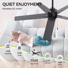 52-inch Traditional 5-Blade Ceiling Fan without Light, Pull Chain Control, 3 Speeds, Whisper-Quiet AC Motor, and 5" & 10" Downrod