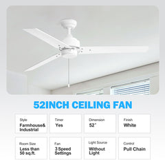 52 Inch 3-Blade Black/White 3-Speed Ceiling Fan with Pull Chain without Light