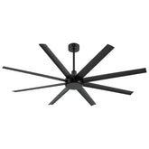 A matte black 8-blade ceiling fan with a modern minimalist design, shown against a solid white background.