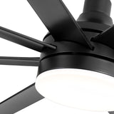 AeroSpan Lux black ceiling fan close-up showing 8-blade design, motor housing and integrated LED light