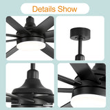 72-inch large black 8-blade ceiling fan detail view showing LED light, motor housing, canopy and blade connections