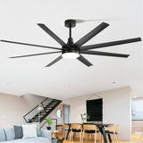AeroSpan Lux 72-inch large black 8-blade ceiling fan with LED light installed in a modern open-concept living and dining room
