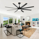 AeroSpan Lux 72-inch large black 8-blade ceiling fan with LED light installed in a bright modern living room