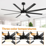 AeroSpan Lux 72-inch large black 8-blade ceiling fan with LED light featuring 3000K, 4500K and 6000K color temperatures