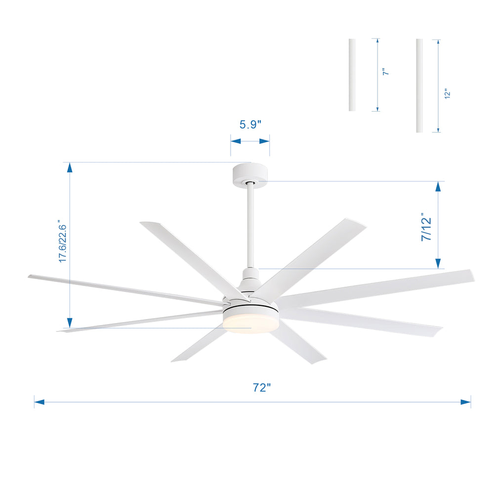 72-Inch Industrial Ceiling Fan with Lights and Remote, 8 ABS Blades, Quiet Reversible DC Motor, 6-Speed, Timer Function, 3 Color LED Light Chandelier