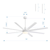 White 72-inch AeroSpan Lux 8-blade ceiling fan with light showing dimensions and 7-inch and 12-inch downrod options