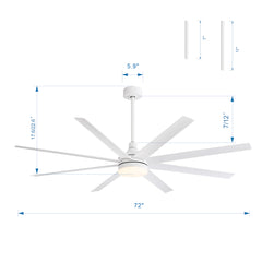 72-Inch Industrial Ceiling Fan with Lights and Remote, 8 ABS Blades, Quiet Reversible DC Motor, 6-Speed, Timer Function, 3 Color LED Light Chandelier