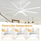 White 72-inch AeroSpan Lux 8-blade ceiling fan with light featuring three color temperatures from 3000K to 6000K