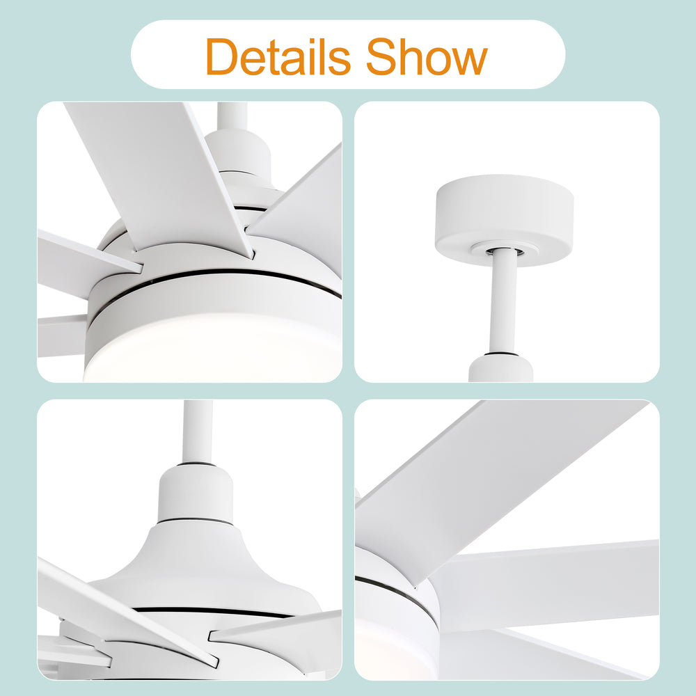 72-Inch Industrial Ceiling Fan with Lights and Remote, 8 ABS Blades, Quiet Reversible DC Motor, 6-Speed, Timer Function, 3 Color LED Light Chandelier