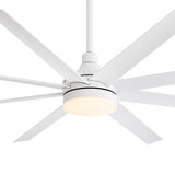 Close-up of white 72-inch AeroSpan Lux 8-blade ceiling fan with integrated LED light