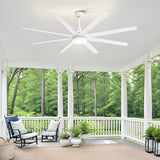 White 72-inch AeroSpan Lux ceiling fan with light and 8 blades installed on a covered outdoor porch