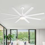 White 72-inch AeroSpan Lux ceiling fan with light and 8 blades in a modern sunlit living room