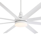 Detailed view of white 72-inch AeroSpan Lux 8-blade ceiling fan with integrated LED light and modern motor housing
