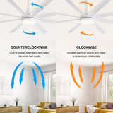 White 72-inch AeroSpan Lux 8-blade ceiling fan with light showing reversible airflow for summer and winter comfort