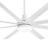 Close-up of white 72-inch AeroSpan Lux 8-blade ceiling fan with integrated LED light in cool white illumination