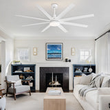 White 72-inch AeroSpan Lux ceiling fan with light and 10 blades in a bright modern living room