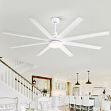 White 72-inch AeroSpan Lux 8-blade ceiling fan with light in a bright open-concept living and kitchen space