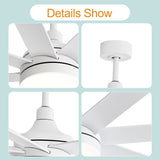 AeroSpan Lux large white ceiling fan detail views highlighting the LED light, canopy, downrod, motor housing, and blade connections