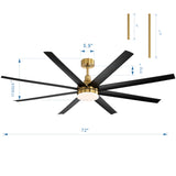 72-inch black and gold ceiling fan dimensions with integrated light and 7-inch and 12-inch downrod options