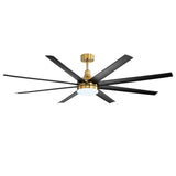 Black and gold 72-inch large ceiling fan with 8 blades and cool white LED light on a clean white background