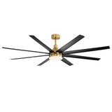 Black and gold AeroSpan Lux large ceiling fan with 8 blades and warm LED illumination on a white background