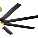 Close-up of the AeroSpan Lux large ceiling fan highlighting its sleek black blades and modern gold-accented design