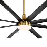 Close-up of the black and gold AeroSpan Lux fan highlighting the integrated LED light, motor housing, and blade design
