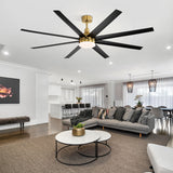 Black and gold AeroSpan Lux large ceiling fan with LED light installed in an open-concept modern living space