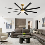 Black and gold AeroSpan Lux 8-blade ceiling fan with integrated light in a spacious modern living room