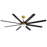 Black and gold 8-blade ceiling fan with bright LED light displayed on a clean white background