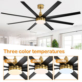 Black and gold AeroSpan Lux ceiling fan light showing three color temperature options from 3000K warm white to 6000K cool white