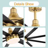 AeroSpan Lux ceiling fan detail views highlighting the black blades, gold motor housing, downrod, canopy, and integrated light
