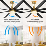 Black and gold large ceiling fan with reversible airflow for cooling in summer and warm air circulation in winter