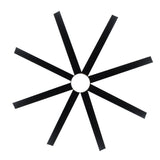 Bottom view of eight black ceiling fan blades arranged around the integrated LED light