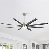 Black 8-blade ceiling fan with integrated light and brushed silver accents installed in a modern open-concept interior