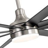 Close-up of the brushed nickel motor housing, black blades and integrated LED light on the AeroSpan Lux ceiling fan
