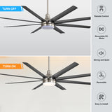 Black 8-blade ceiling fan showing LED light on and off with remote control, reversible DC motor, quiet operation and easy installation