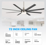 72-inch black 8-blade ceiling fan with integrated LED light, satin nickel finish, 6 speeds, timer and remote control
