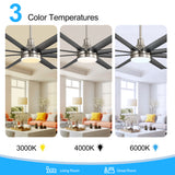 Black 8-blade ceiling fan with integrated LED showing 3000K, 4000K and 6000K color temperature options