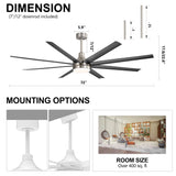 72-inch AeroSpan Lux ceiling fan dimension guide showing 7-inch and 12-inch downrods, mounting options, and recommended room size over 400 sq. ft.