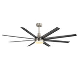 Black 8-blade ceiling fan with warm LED light and brushed nickel housing shown on a white background