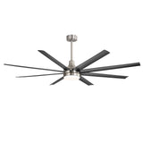 Black 8-blade AeroSpan Lux ceiling fan with LED light and brushed silver motor housing on a white background