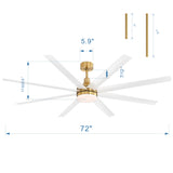 72-inch white and gold ceiling fan dimensions with integrated light and 7-inch and 12-inch downrod options