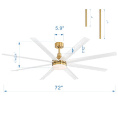 72-Inch Industrial Ceiling Fan with Lights and Remote, 8 ABS Blades, Quiet Reversible DC Motor, 6-Speed, Timer Function, 3 Color LED Light Chandelier