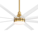 Close-up of the AeroSpan Lux fan highlighting white blades, brushed gold motor housing, and integrated LED light