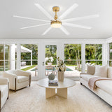 White and gold 8-blade AeroSpan Lux fan with integrated light in a bright sunroom overlooking the garden