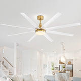 White and gold large ceiling fan with integrated light installed in a modern open-concept living and kitchen area