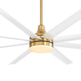 Detailed view of the white and gold AeroSpan Lux fan featuring warm LED illumination and sleek blade design