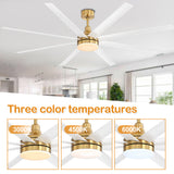 White and gold AeroSpan Lux fan with LED light offering 3000K, 4500K, and 6000K color temperature settings